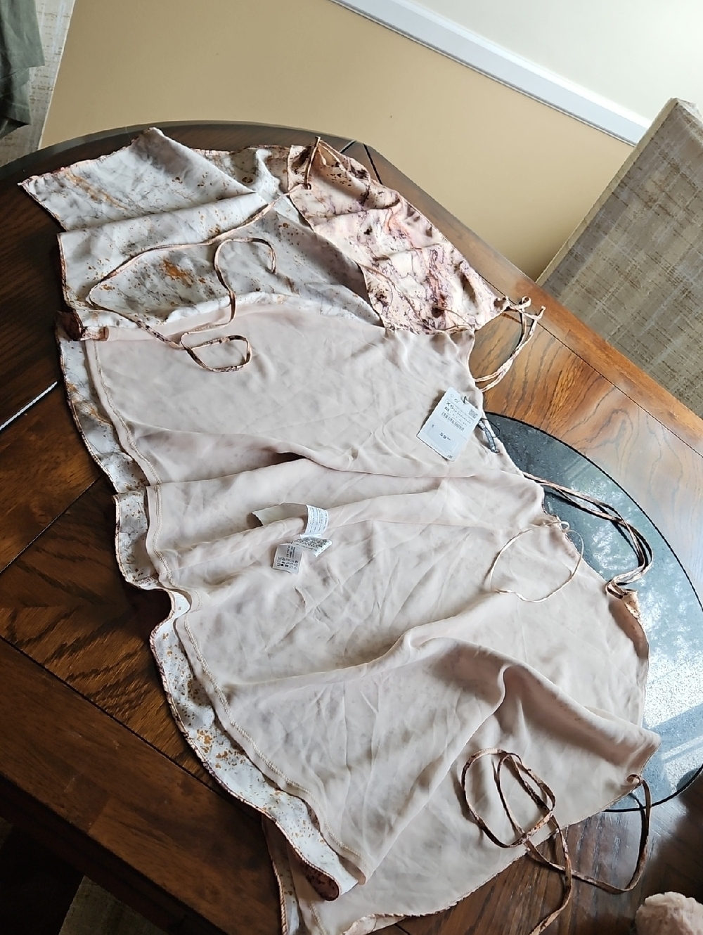 Zara Beige Marble Print Sateen Wrap Mini Dress XS W/ Double Spaghetti Straps - Picture 12 of 13